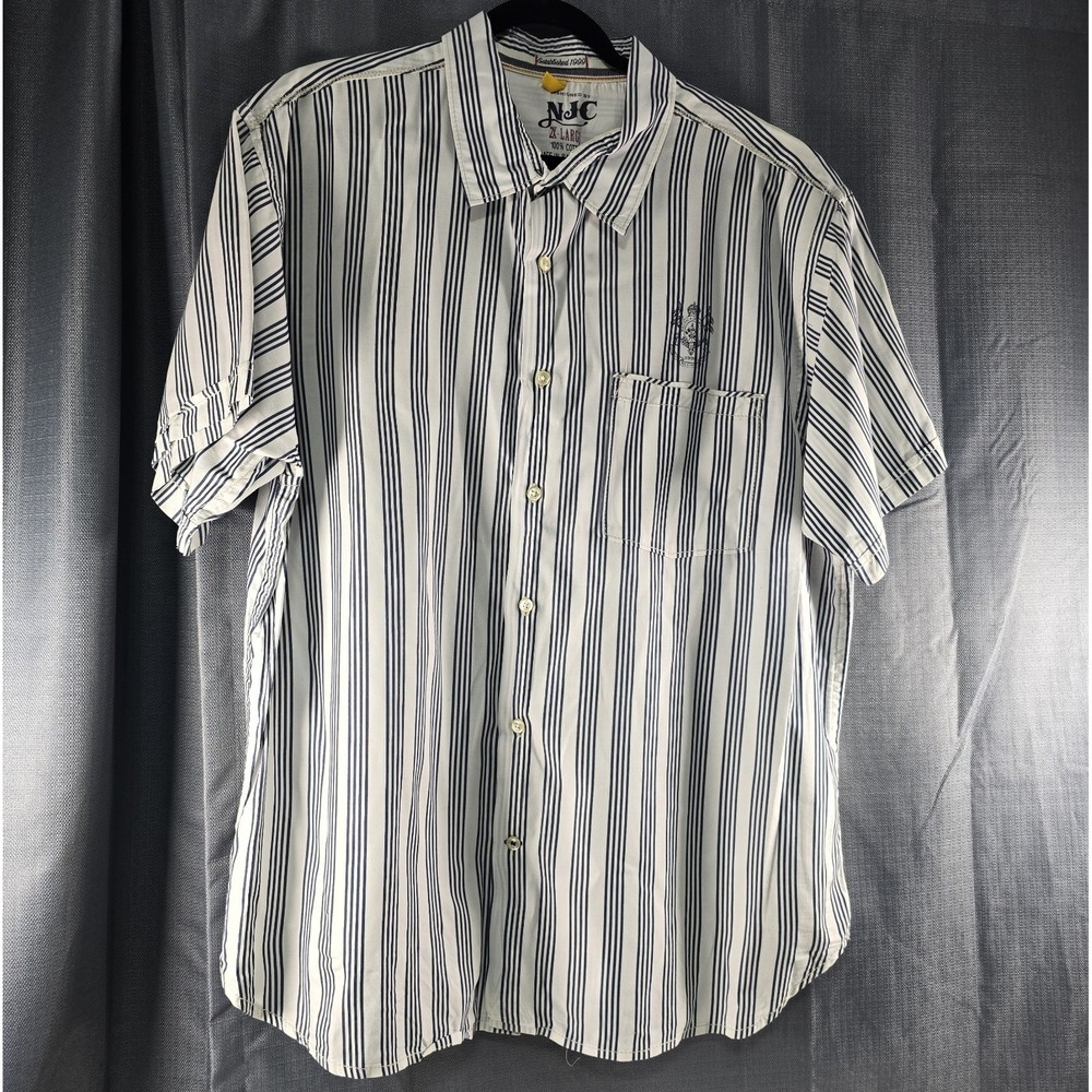 NJC Men's 2XL White Blue Striped Cotton Woven Short Sleeve Button-Up Pockets